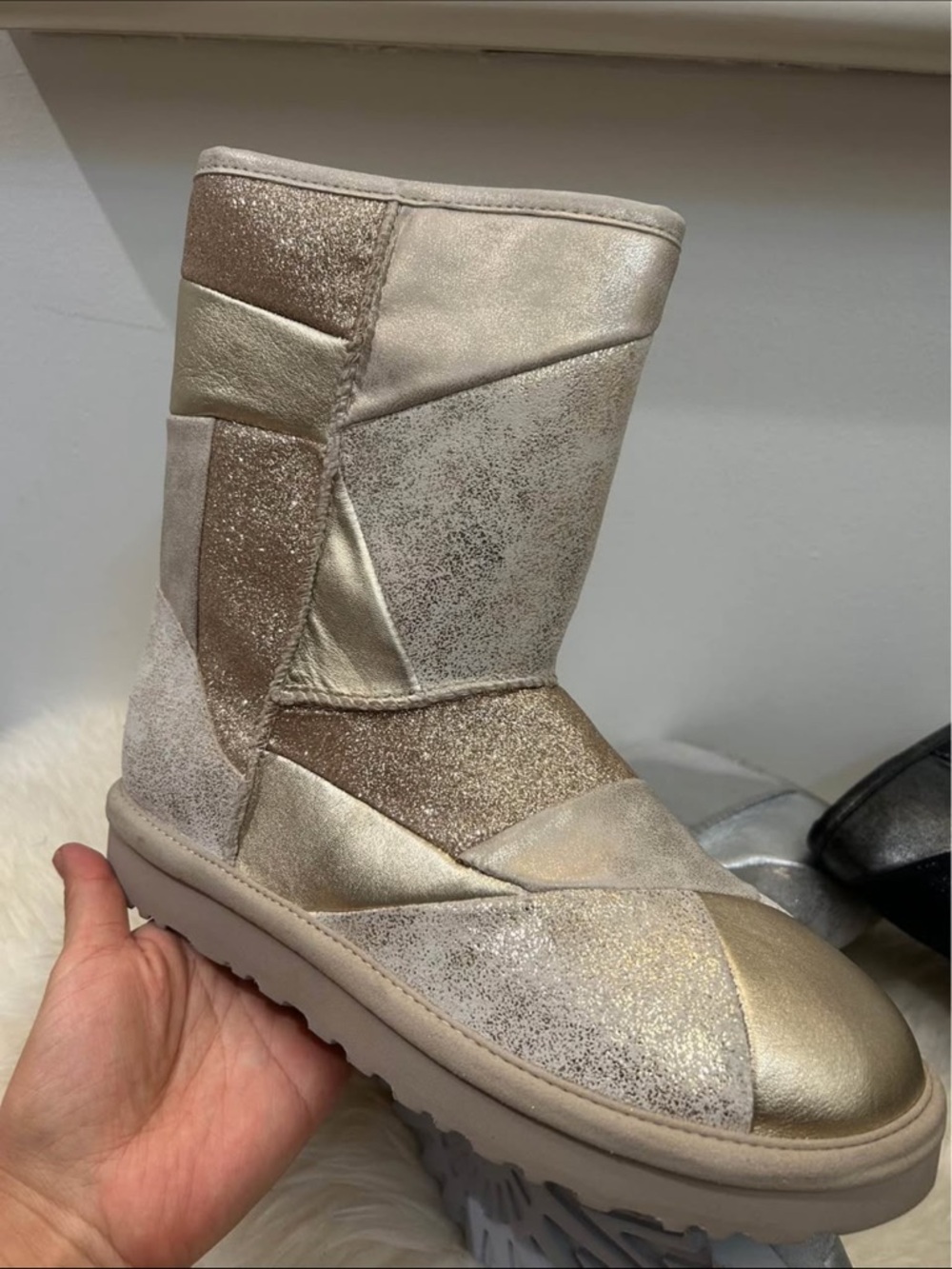 UGG Women's Metallic Patchwork Snow Boot - Gold and Cream